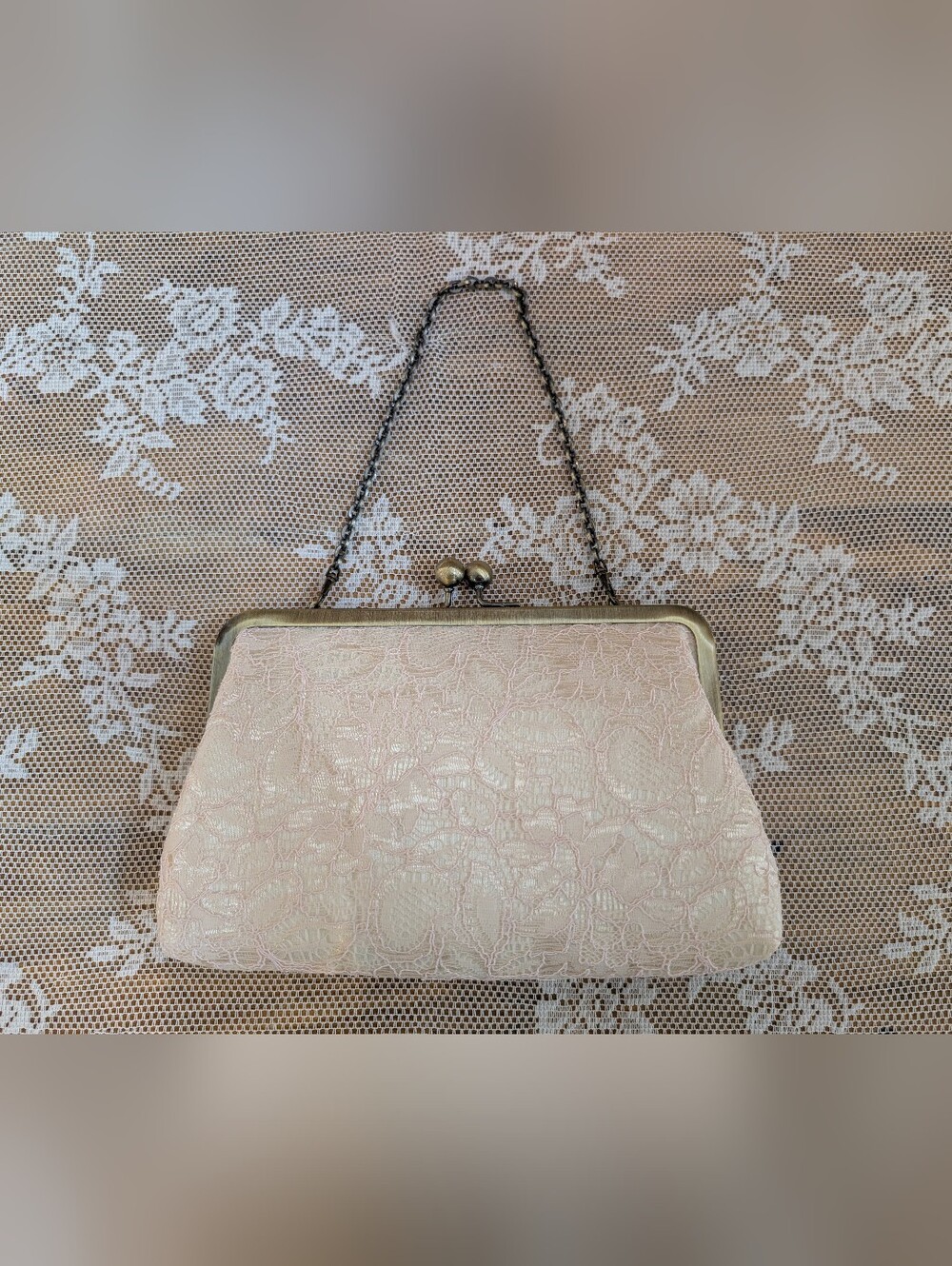 Elegant Blush Lace over Ivory Satin Clutch Handbag with Brass Clasp and Chain